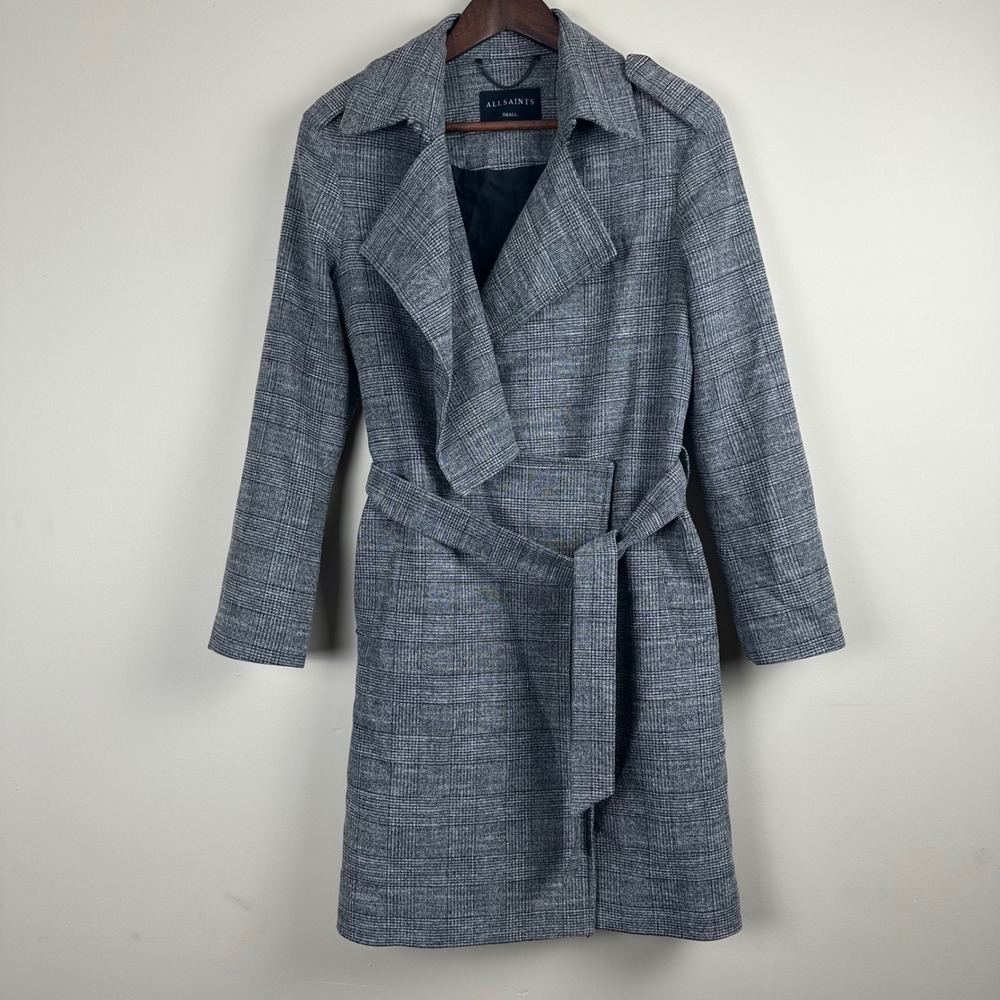 AllSaints Women's S Plaid Belted Trench Coat Gray Longline Double Breasted